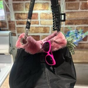Liz Claiborne Black and Pink Fur-Trimmed Shoulder Bag